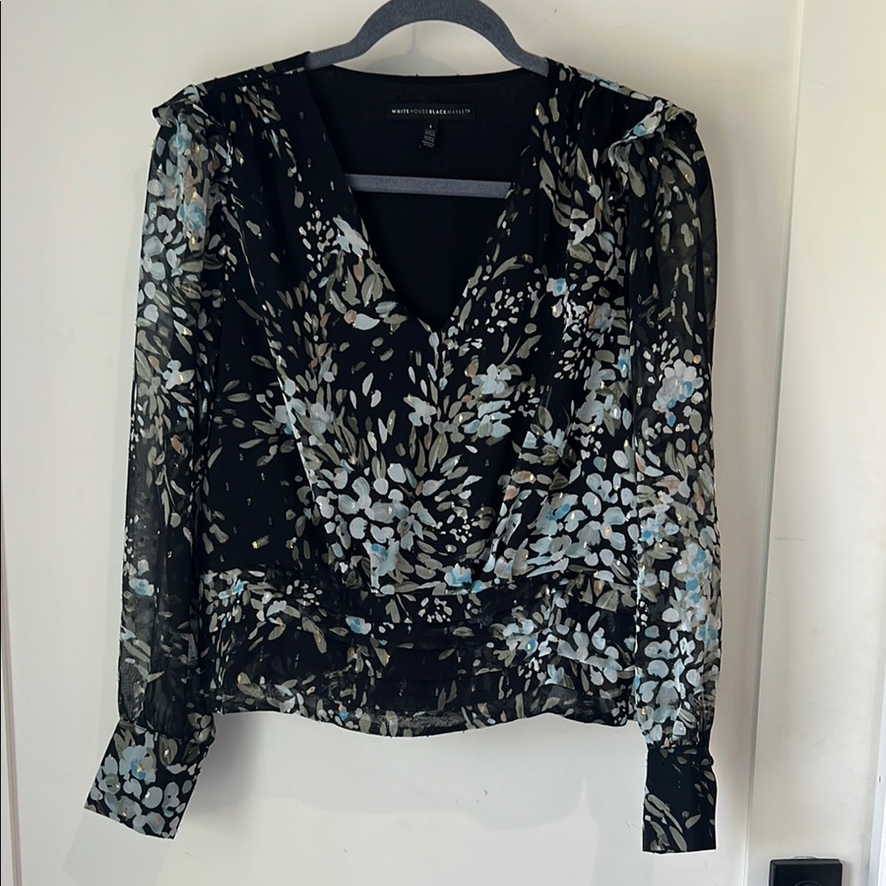 White House Black Market Black and White Wrap Blouse Long Sleeve